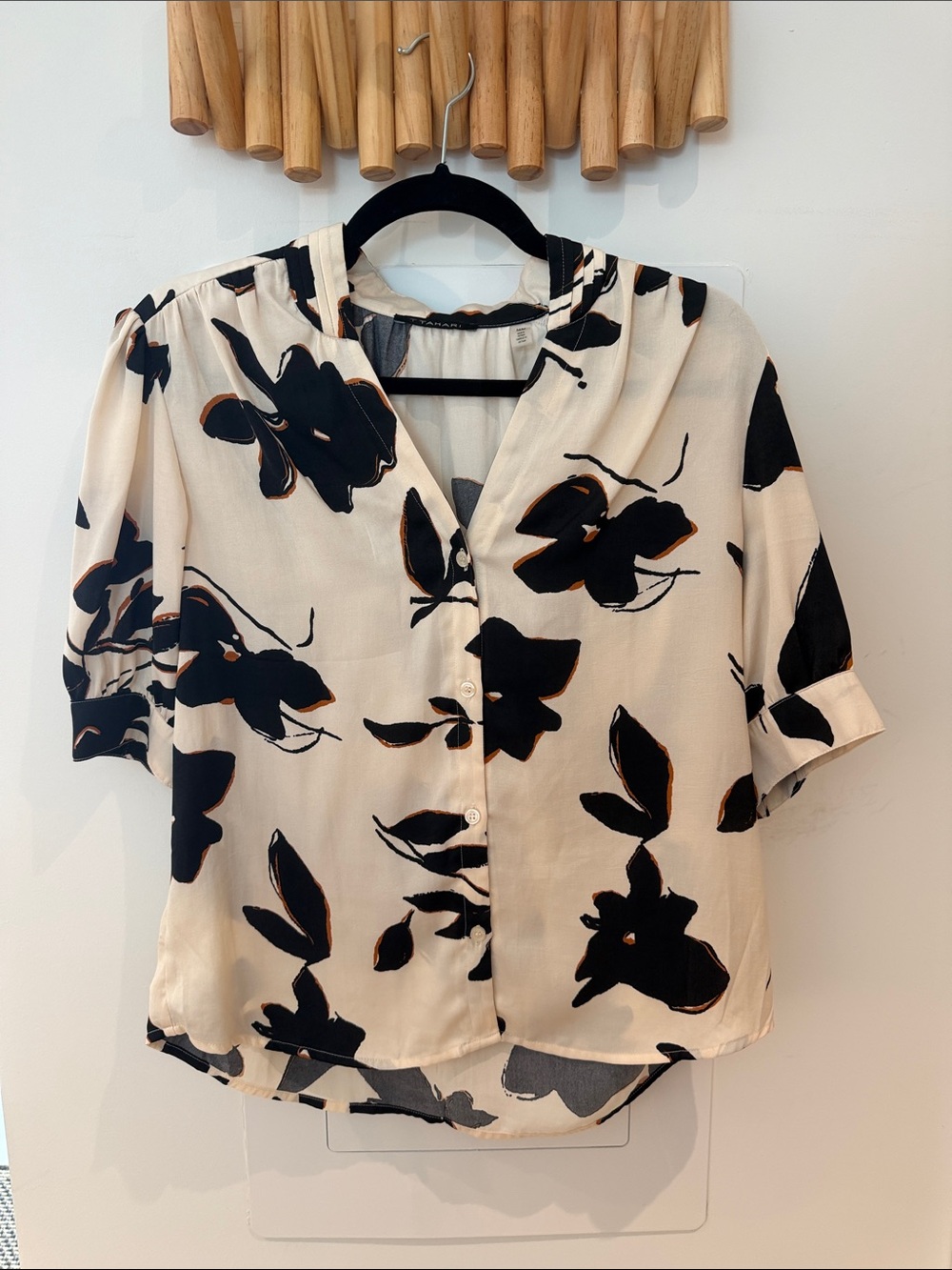 T Tahari Cream Blouse with Black & Brown Floral Print
